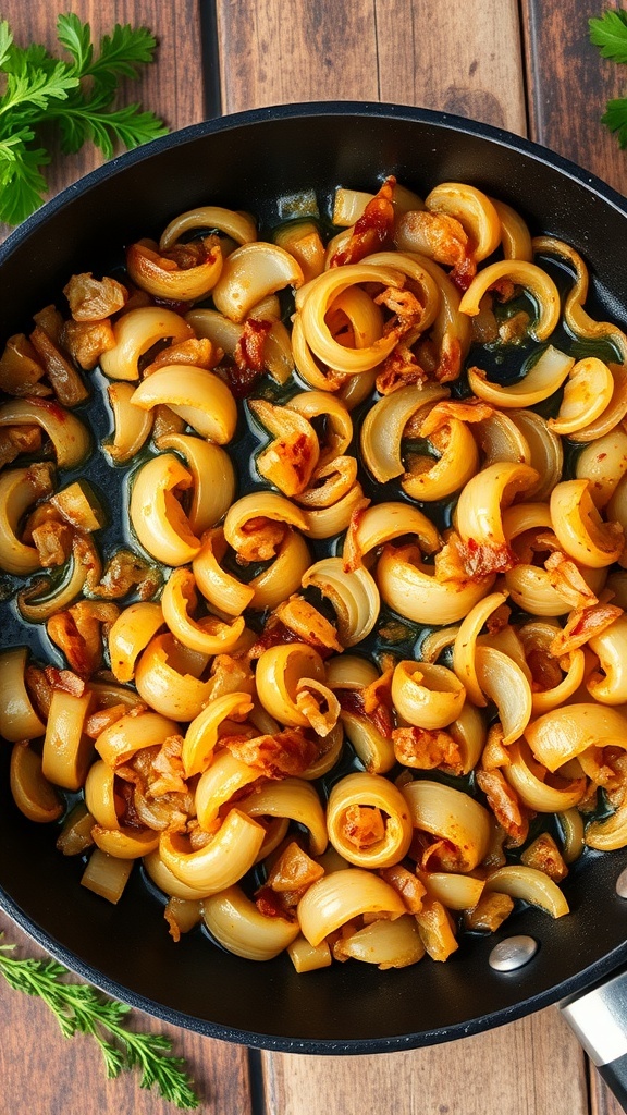Golden-brown sautéed onions in a skillet, glistening with oil on a rustic wooden table.